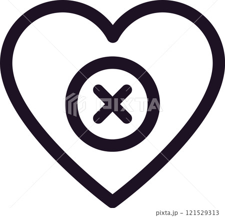Minimalist line art icon of a heart shape with a cross symbolizing a broken heart, end of a relationship, lost love, or rejection, conveying feelings of sadness and heartbreak Minimalist line art icon of a heart shape with a cross symbolizing a broken heart, end of a relationship, lost love, or rejection, conveying feelings of sadness and heartbreak 121529313
