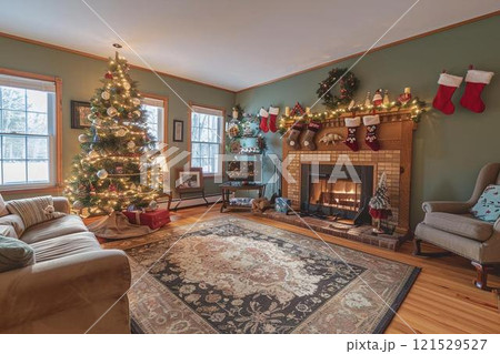 Cozy Christmas Living Room with Fireplace, Tree, and Stockings 121529527
