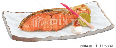 水彩風、ミョウガを付け合わせた秋の味覚、焼き鮭 水彩風、ミョウガを付け合わせた秋の味覚、焼き鮭 121529548