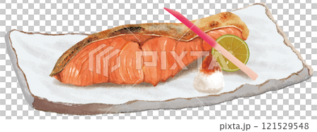 水彩風、ミョウガを付け合わせた秋の味覚、焼き鮭 水彩風、ミョウガを付け合わせた秋の味覚、焼き鮭 121529548