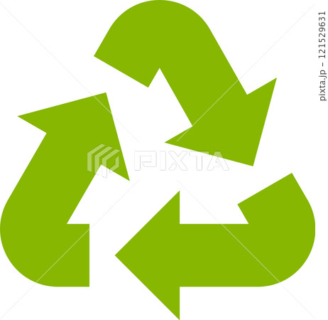 Universal recycling symbol featuring three green arrows in a continuous loop, representing the transformation of waste into reusable resources and promoting sustainability 121529631