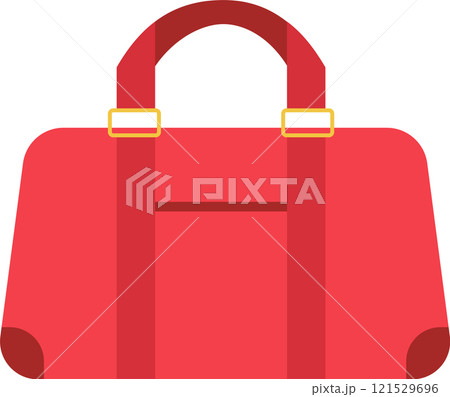 Red travel bag laying flat with gold buckles and curved handle, perfect for weekend getaways or business trips, offering ample space and stylish design 121529696