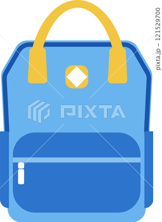Stylish blue backpack with a prominent yellow handle stands out against white background, symbolizing the excitement and preparation for the back to school season 121529700