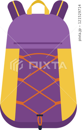 Hiking backpack with adjustable orange straps and a small pocket on the front, ideal for camping, trekking and outdoor activities, featuring a purple body and yellow details 121529714