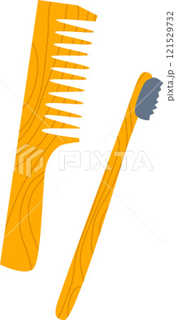 Eco friendly wooden hair comb and toothbrush with grey bristles resting on a white background, highlighting sustainable hygiene practices and promoting a zero waste lifestyle Eco friendly wooden hair comb and toothbrush with grey bristles resting on a white background, highlighting sustainable hygiene practices and promoting a zero waste lifestyle 121529732