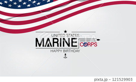 A cheerful display of a Happy Birthday Marine Corps banner, surrounded by festive decorations in patriotic colors 121529903