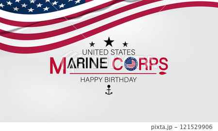 A cheerful display of a Happy Birthday Marine Corps banner, surrounded by festive decorations in patriotic colors 121529906