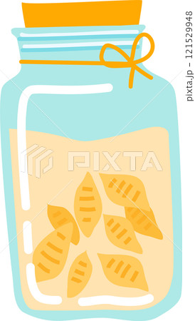 Conchiglie pasta stored in a glass jar featuring an orange lid and an orange ribbon, maintaining freshness and extending longevity for an organized pantry and home cooking 121529948