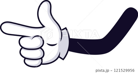 Cartoon hand making a playful gun gesture, with index finger and thumb extended like a pistol, expressing both humor and a hint of threat in a whimsical manner Cartoon hand making a playful gun gesture, with index finger and thumb extended like a pistol, expressing both humor and a hint of threat in a whimsical manner 121529956