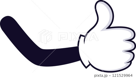 Cartoon hand with white glove showing thumb up, giving positive feedback, like, approval, agreement or support, isolated on white background 121529964