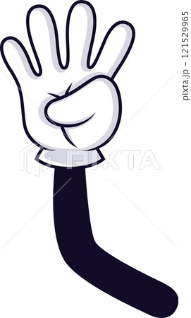 Cartoon hand with four fingers extended, making a gesture that can represent the number four, a greeting, or other symbolic meanings, against a clean white backdrop 121529965
