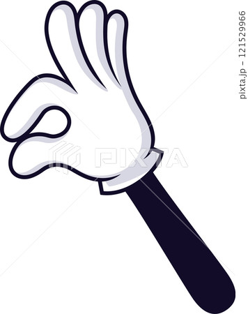 Cartoon hand making an OK sign with thumb and index finger forming a circle while other fingers are raised, expressing approval and agreement in a fun, positive manner 121529966