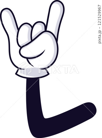 Cartoon hand displaying the rock and roll gesture with index and little finger raised, expressing enthusiasm for music, concerts, and vibrant festival experiences 121529967