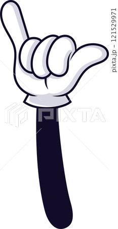 Cartoon hand gesturing with thumb and little finger extended, representing the shaka sign, often linked to surfing and Hawaiian culture, expressing coolness and aloha 121529971