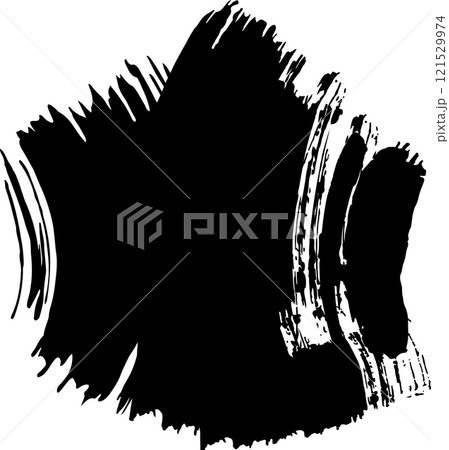 Thick black brush stroke creating an abstract shape with dynamic lines and textures, perfect for adding a touch of artistic grunge to designs 121529974