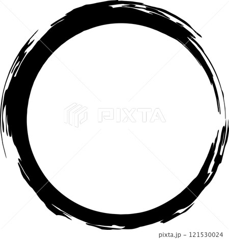 Hand drawn black grunge circle framing empty space evokes concepts of infinity, zen, and eternity, embodying simplicity and minimalism with its rough, imperfect edges 121530024
