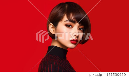 asian woman in business suit with red background, ai 121530420