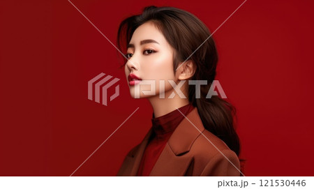 asian woman in business suit with red background, ai 121530446