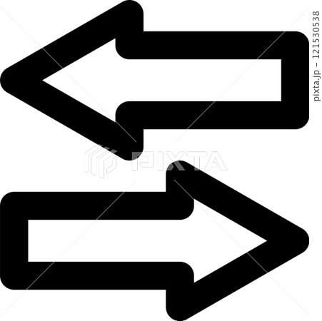 Two thick black arrows pointing in opposite directions represent a two way exchange or transfer of data and information, illustrating communication and connectivity in a digital context Two thick black arrows pointing in opposite directions represent a two way exchange or transfer of data and information, illustrating communication and connectivity in a digital context 121530538