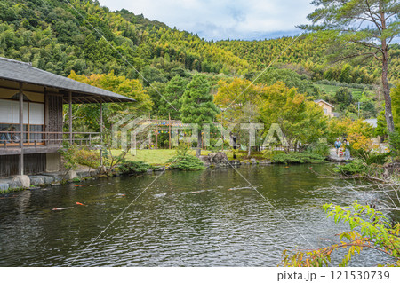 藤枝市にある道の駅　玉露の里の茶室瓢月亭と池のある風景(静岡県) 121530739