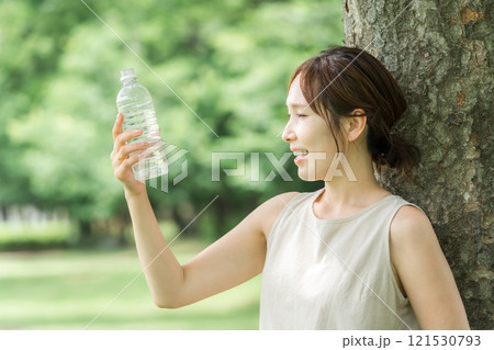ペットボトルの水・ミネラルウォーター・白湯を飲むリラックスした女性 ペットボトルの水・ミネラルウォーター・白湯を飲むリラックスした女性 121530793