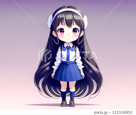 ちびキャラ　制服の衣装を着た少女のイメージ素材　ロングヘア 121530952