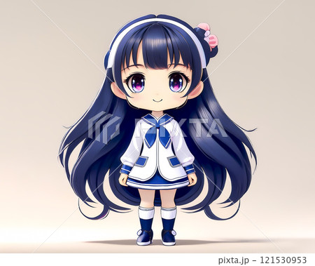 ちびキャラ　制服の衣装を着た少女のイメージ素材　ロングヘア 121530953