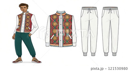 Fashion designer drawing indian inspired sportswear outfit with ornate jacket 121530980