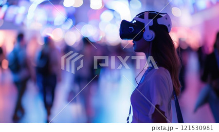 Blurry attendees walking through a virtual reality experience at a tingedge tech conference 121530981