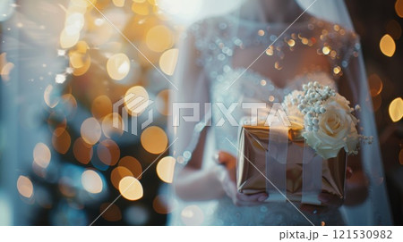 The brides blurred reflection in a shiny gift box 121530982
