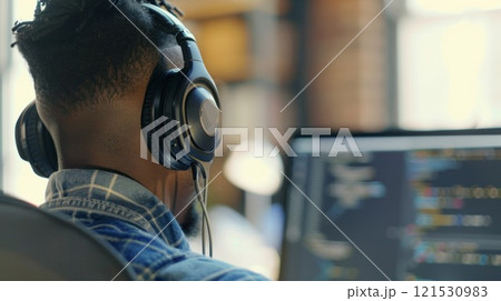 An individual sits at a computer wearing noisecancelling headphones as they work on a project 121530983