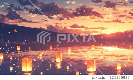 As the sun set on the horizon the lake was illuminated with the soft glow of floating lanterns creating a serene and magical atmosphere 121530985