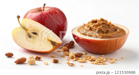 A bright juicy apple halfpeeled showcases its shiny skin and crisp texture. The other half is perfectly dipped in chunky nut spread with bits of nuts tered around.. 121530986