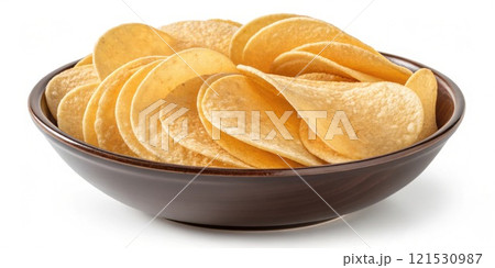 LowFiber Snack An image of a bowl of smooth shiny potato chips. The glossy surface and even shape contrast with fiberrich foods emphasizing their low fiber content.. 121530987