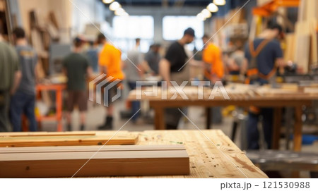 Unclear workshop full of aspiring woodworker 121530988