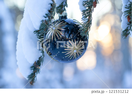 Navy blue Christmas decoration is on the snowy branch in sunset. Navy blue Christmas decoration is on the snowy branch in sunset. 121531212