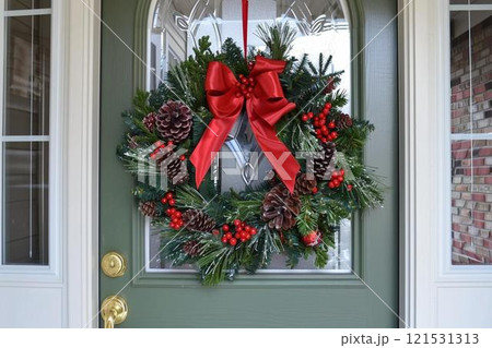 Festive Holiday Wreath with Pine Cones, Red Berries, and Ribbon 121531313
