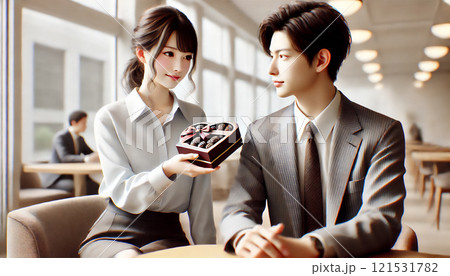ハート型チョコレートを贈るオフィスの女性 ハート型チョコレートを贈るオフィスの女性 121531782
