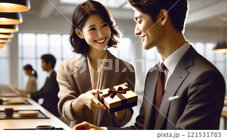 ランチタイムに笑顔で贈り物を渡す職場の女性 ランチタイムに笑顔で贈り物を渡す職場の女性 121531783
