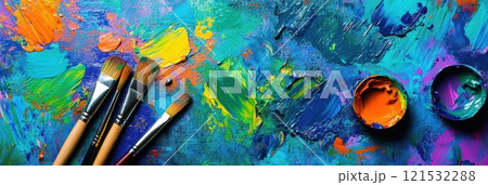 Brightly colored paint splashes create an abstract display on the canvas while brushes await to explore artistic possibilities. Generative AI Brightly colored paint splashes create an abstract display on the canvas while brushes await to explore artistic possibilities. Generative AI 121532288