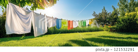 Bright clothes and white sheets sway on a clothesline in a sunny garden, surrounded by lush greenery and a clear blue sky in the afternoon. Generative AI 121532291