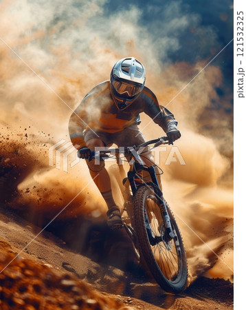 A professional cyclist races downhill on a dusty trail, kicking up a cloud of dirt as they navigate a turn. Generative AI 121532325