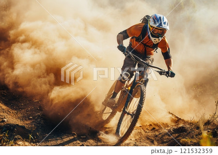 A professional cyclist races down a dusty trail on an enduro bike, kicking up a cloud of dirt. Generative AI A professional cyclist races down a dusty trail on an enduro bike, kicking up a cloud of dirt. Generative AI 121532359