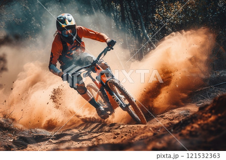 A professional cyclist navigates a dusty trail on an enduro bike, kicking up a cloud of dirt as they ride. Generative AI A professional cyclist navigates a dusty trail on an enduro bike, kicking up a cloud of dirt as they ride. Generative AI 121532363