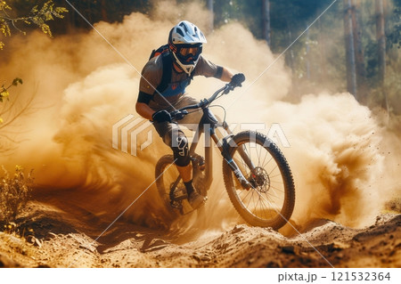 A professional cyclist rides an enduro trail bike through a dusty forest trail, kicking up a cloud of dirt as they navigate the terrain. Generative AI A professional cyclist rides an enduro trail bike through a dusty forest trail, kicking up a cloud of dirt as they navigate the terrain. Generative AI 121532364