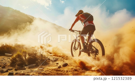 A professional cyclist rides an enduro trail bike on a dusty terrain, kicking up a cloud of dust as they speed through the mountains. Generative AI A professional cyclist rides an enduro trail bike on a dusty terrain, kicking up a cloud of dust as they speed through the mountains. Generative AI 121532389