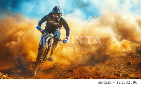 A professional cyclist rides an enduro trail bike through a cloud of dust on a dirt track. Generative AI A professional cyclist rides an enduro trail bike through a cloud of dust on a dirt track. Generative AI 121532390