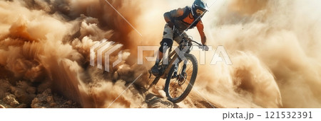 A professional cyclist rides an enduro trail bike through a cloud of dust on a sunny afternoon. Generative AI A professional cyclist rides an enduro trail bike through a cloud of dust on a sunny afternoon. Generative AI 121532391