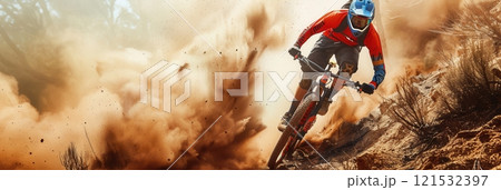 A professional cyclist rides an enduro trail bike through a dusty terrain, kicking up a cloud of dirt as they maneuver around a bend. Generative AI A professional cyclist rides an enduro trail bike through a dusty terrain, kicking up a cloud of dirt as they maneuver around a bend. Generative AI 121532397