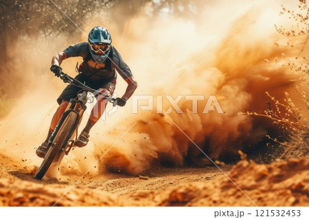 A professional cyclist races through a dusty trail on an enduro bike, kicking up a cloud of dirt as they navigate a challenging course. Generative AI A professional cyclist races through a dusty trail on an enduro bike, kicking up a cloud of dirt as they navigate a challenging course. Generative AI 121532453